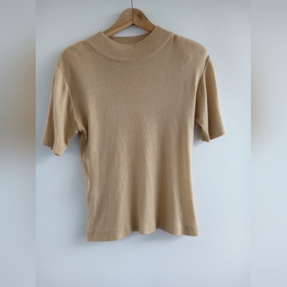 Pronto Moda Short-Sleeve Mock Neck Knit Blouse - Camel - Size L